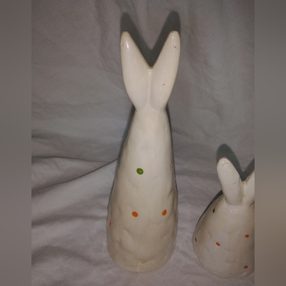 Vintage Easter Clay Bunny Rabbits Polka Dot Primitive Set of 2 Holiday Decor Art - Picture 8 of 11